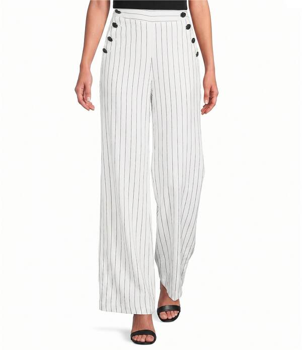 長い巻き毛 ラガーフェルド レディース ボトムス 心地よいズボン下 ワイドレッグ KARLAGERFELD PARIStripe Wide Leg Fullength Sailor Pantsoft White/Black 白いこと