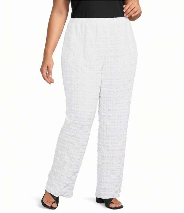 アイシーコレクション レディース ボトムス カジュアルパンツ ストレート プラスサイズ ICollection Plus Bubble Check Elastic Waistraight Leg Pants White ホワイト｜ReVida 店