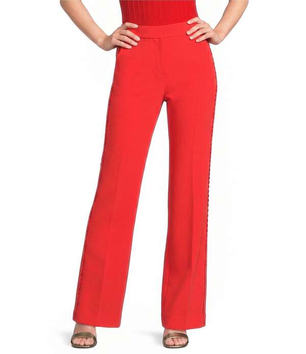 長い巻き毛 ラガーフェルド レディース ボトムス 心地よいズボン下 ワイドレッグ KARLAGERFELD PARIS Woven Polish Suiting Mid Rise Flat Front Wide Leg Pants Apple Red 赤いこと