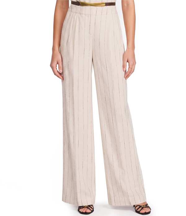 ダナキャラン レディース ボトムス 心地よいズボン下 ワイドレッグ リネン Donna Karan Coordinating Pinstripe Linen Blend High Waisted Wide Leg Pants Flax/Canyon