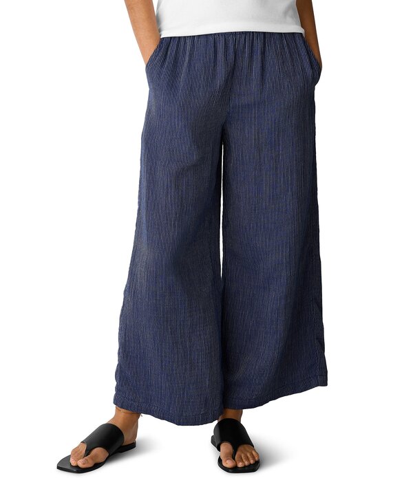 エイリーンフィッシャー レディース ボトムス 心地好いズボン下 綿織物 Eileen Fisher Striped Organicotton Gauze Wide-Leg Pull-On Pants Deep Dive 縞模様