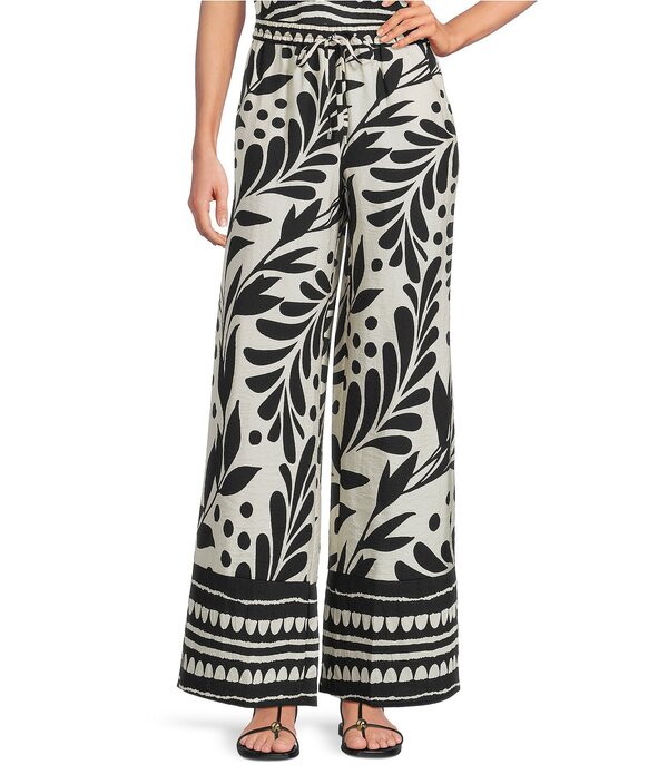 スカイズアブルー レディース ボトムス 心地よいズボン下 ワイドレッグ プチ 刷り上げる Skies Are Blue Petite Size Leaf Printed High-Rise Wide Leg Coordinating Pantsand/Black 黒いこと