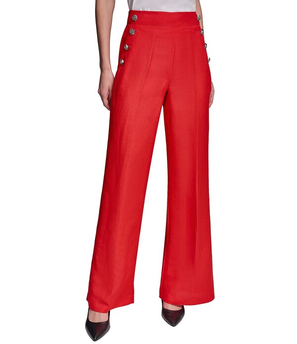 長い巻き毛 ラガーフェルド レディース ボトムス 心地よいズボン下 ワイドレッグ リネン KARLAGERFELD PARIS Linen Flat Front Wide Leg Coordinating Sailor Pants Apple Red 赤いこと