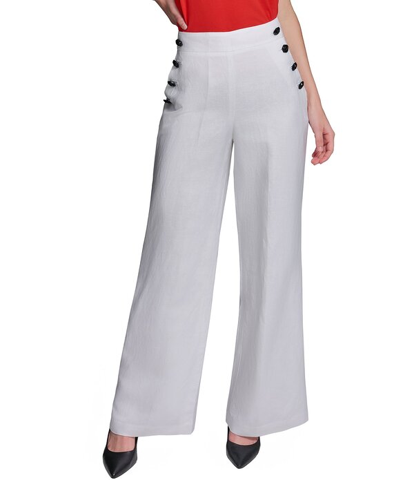 長い巻き毛 ラガーフェルド レディース ボトムス 心地よいズボン下 ワイドレッグ リネン KARLAGERFELD PARIS Linen Flat Front Wide Leg Coordinating Sailor Pantsoft White 白いこと