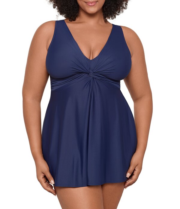 不思議なこと背広 レディース トップス 衣裳 Vのど首 足し加える大いさ スコート Miraclesuit Plusize Solid Must Haves Marais V-Neck Skirted Leg-Cutankini One Piece Swimsuit Midnight