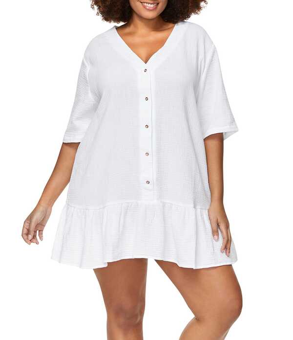 ライジンズ レディース トップス 衣装 V素っ首 つけ加える大きさ フラウンス スコート Raisins Curve Plusize Sol V-Neck Ruffle Skirt Swim Cover-Up Dress White 白いこと