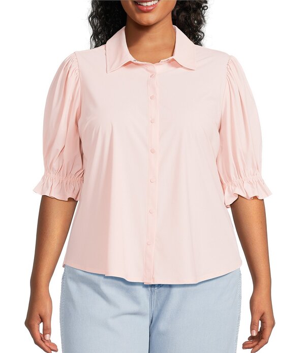 リヴァプール ロサンゼルス レディース トップス シャツ プラスサイズ フリル ニット Liverpoolos Angeles Plusize Tech Knit Point Collar Short Puff Ruffle Cuff Sleeve Button Front Shirt Light Pink ピンク|ReVida 店