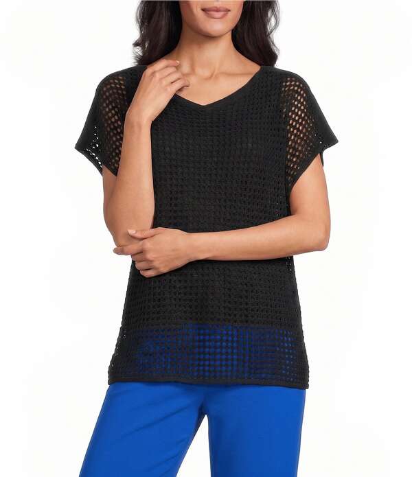 インベストメンツ レディース トップス プルオーバー 労働者の一団のど首 プチ Investments Petite Size Short Sleeve Crew Neck Open Stitch Top Black 黒いこと