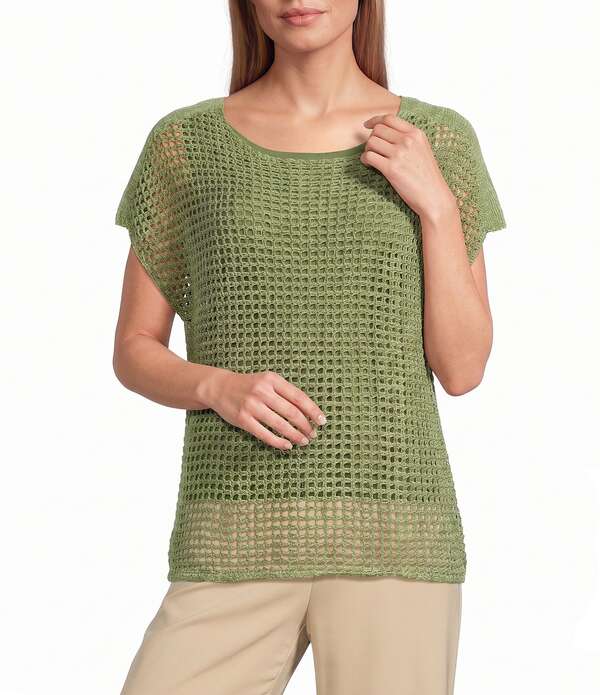インベストメンツ レディース トップス プルオーバー 労働者の一団のど首 プチ Investments Petite Size Short Sleeve Crew Neck Open Stitch Top Olivine