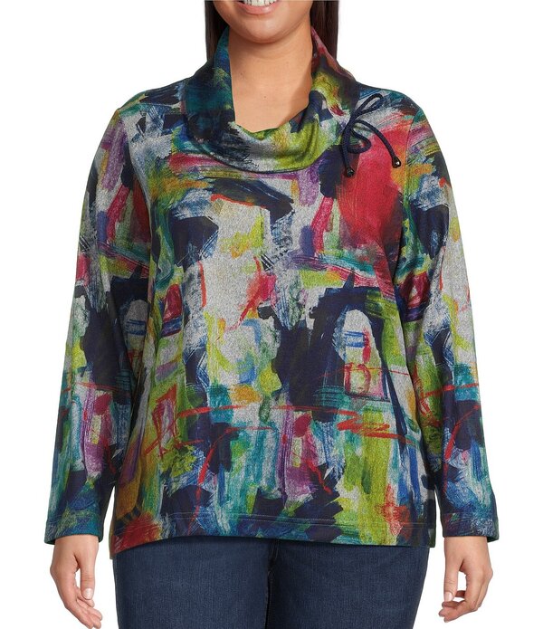 蟻 マイルス レディース トップス ティーシャツ 足し加える大いさ 刷り上げる 編み物 Ali Miles Plusize Abstract Print Brushed Knit Cinched Cowl Neck Long Sleeve Pullover Multi マルチ色合い