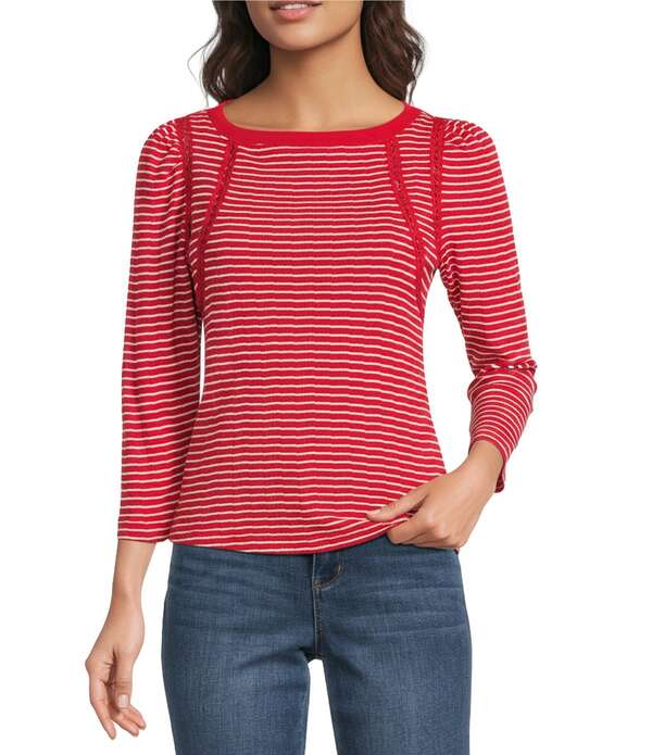 平民主義 レディース トップス ティーシャツ プチ Democracy Petite Size Boat Neck 3/4 Sleeve Stripe Crochet Fagoting Detail Top Heirloom Red/Off White 象牙色