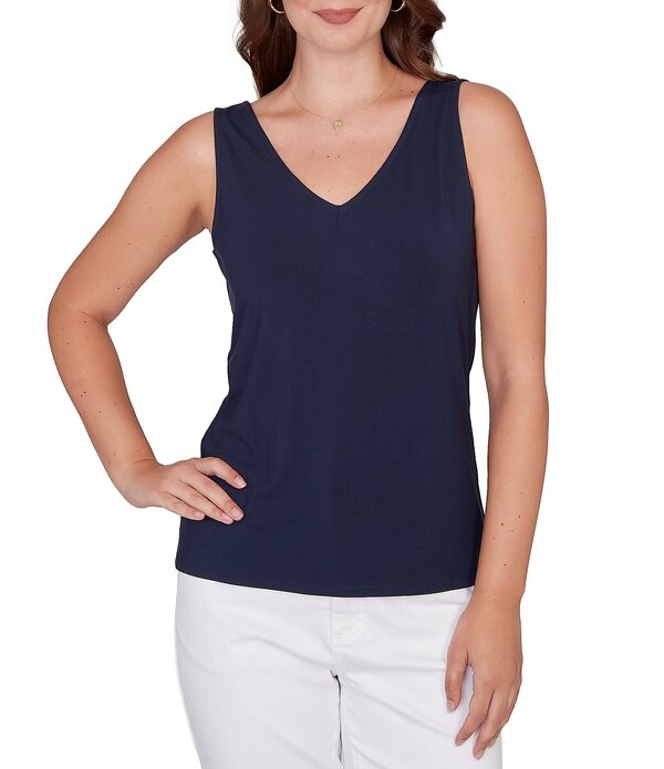 ルビーアールディー レディース トップス ティーシャツ プチ ノースリーブ 編み物 ティーシャツ Ruby Rd. Petite Size Jersey Knit Reversible Neck Sleeveless Tank Navy 米国海軍