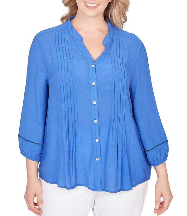 ルビーアールディー レディース トップス シャツ Vネック プラスサイズ シルク Ruby Rd. Plusize Silky Slub Woven Split V-Neck 3/4 Sleeve Button Frontop Sea Blue ブルー｜ReVida 店