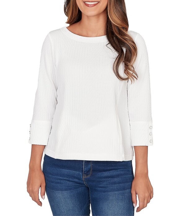 ルビーアールディー レディース トップス ティーシャツ プチ 編み物 Ruby Rd. Petite Size Abstractextured Pucker Knit Scoop Neck 3/4 Sleeve Top White 白いこと