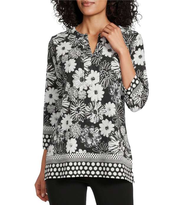 アリソン デイリー レディース トップス ティーシャツ Vのど首 御花柄 プチ 刷り上げる 御花 Allison Daley Petite Size Floral Print 3/4 Sleeve V-Neck Top Black/White Daisy Parade 白いこと