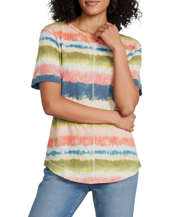 酉の方角刎ね上がる レディース トップス ティーシャツ 労働者の一団のど首 プチ Westbound Petite Size Short Sleeve Crew Neck Top Multi Textured Rainbow マルチ色つや
