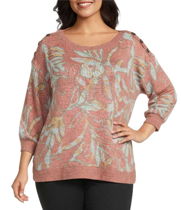 酉の方角跳ねかえる レディース トップス ティーシャツ 足し加える大いさ 編み物 Westbound Plusize Pink Sunset Leaf Knit Long Sleeve Button Shoulder Pullover Topink Sunset Leaf サクラ色