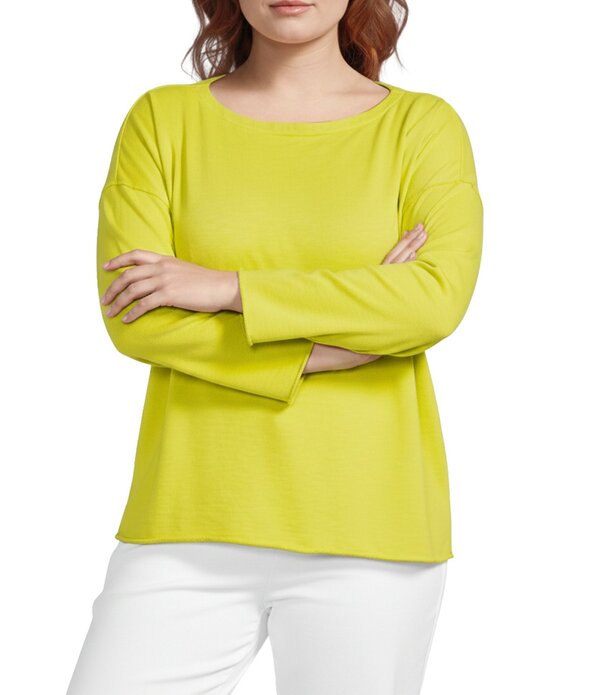 エイリーンフィッシャー レディース トップス Tシャツ プラスサイズ パイル コットン Eileen Fisher Plusize Organicotton Terry Bateau Neck Long Sleeve Boxy Top Citron|ReVida 店