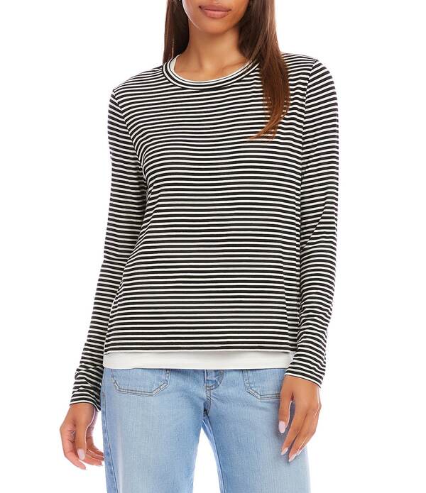 カレンケーン レディース トップス プルオーバー 労働者の一団のど首 プチ Karen Kane Petite Size Double Layered Stripe Crew Neck Long Sleeve Top Black/Off White 象牙色