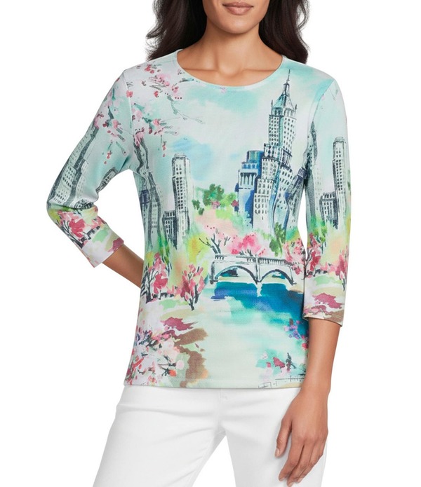 アリソン デイリー レディース トップス Tシャツ クルーネック プチ プリント キャップ ケープ ニット Allison Daley Petite Size City Scape Print 3/4 Sleevembellished Crew Necknitop Multi City Scape マルチカラー｜ReVida 店 9,975円