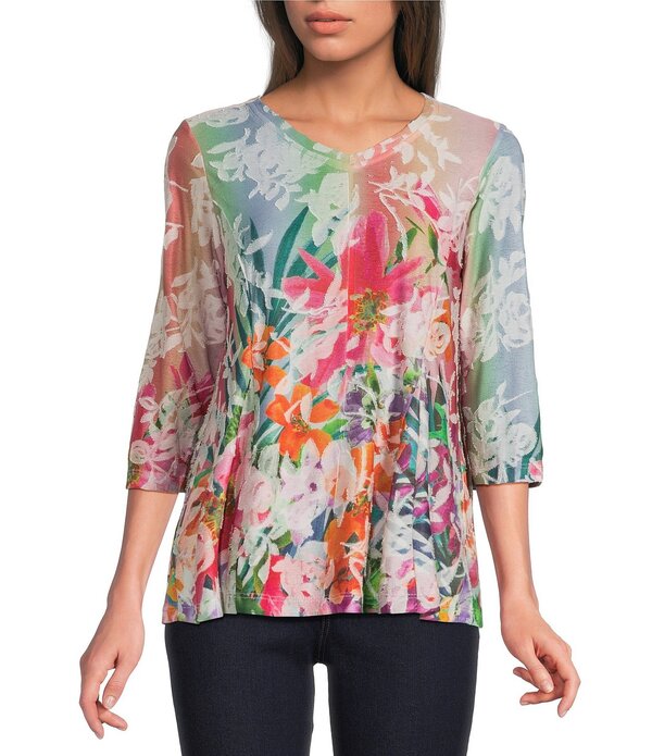 蟻 マイルス レディース トップス プルオーバー Vのど首 プチ 刷り上げる 編み物 Ali Miles Petite Size Burnout Knitropical Print V-Neck 3/4 Sleeve Top Tropical Multi マルチ色合い