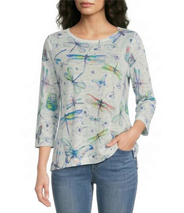 蟻 マイルス レディース トップス プルオーバー プチ 刷り上げる Ali Miles Petite Size Dragonfly Print Round Neck 3/4 Sleeve High Low Hem Top Multi マルチ色合い