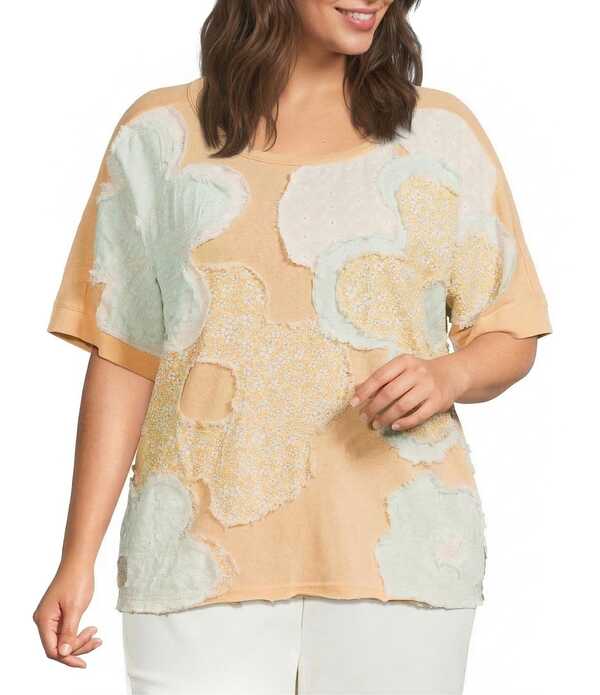 蟻 マイルス レディース トップス プルオーバー 御花柄 足し加える大きさ 編み物 御花 Ali Miles Plusize Floral Applique Round Neck Short Sleeve Knitop Cantaloupe