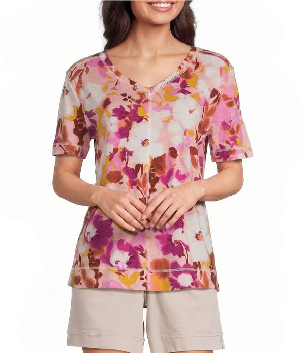 酉の方角跳ねかえる レディース トップス ティーシャツ Vのど首 プチ Westbound Petite Size Short Sleeve V-Neck Top Astor Garden
