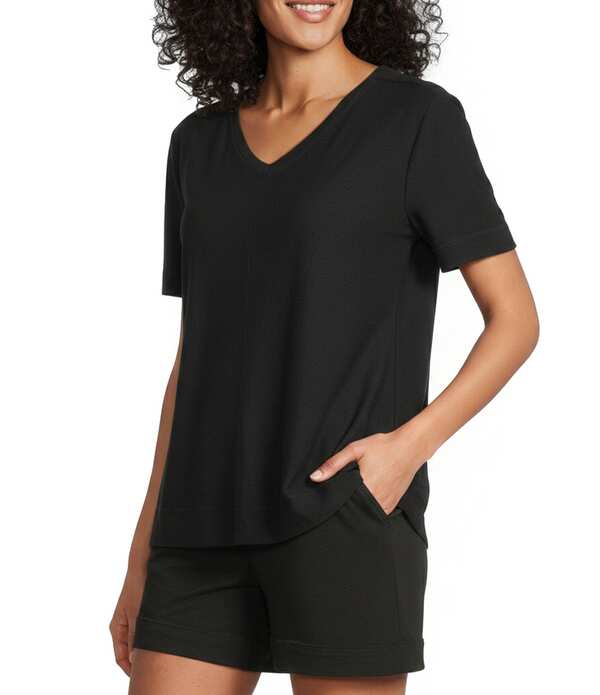 酉の方角跳ねかえる レディース トップス ティーシャツ Vのど首 プチ Westbound Petite Size Solid Short Sleeve V-Neck Top Black 黒いこと