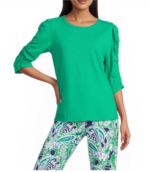 インベストメンツ レディース トップス ティーシャツ 労働者の一団のど首 プチ ギャザー Investments Petite Size 3/4 Ruched Sleeve Crew Neck Top Emerald エメラルド