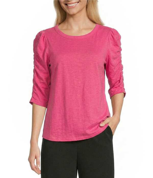 インベストメンツ レディース トップス ティーシャツ 労働者の一団のど首 プチ ギャザー Investments Petite Size 3/4 Ruched Sleeve Crew Neck Top Magenta マゼンタ