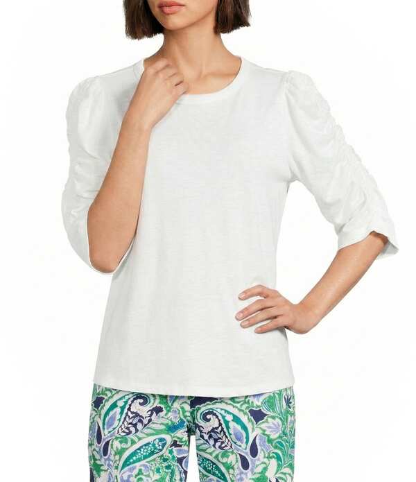 インベストメンツ レディース トップス ティーシャツ 労働者の一団のど首 プチ ギャザー Investments Petite Size 3/4 Ruched Sleeve Crew Neck Top White 白いこと