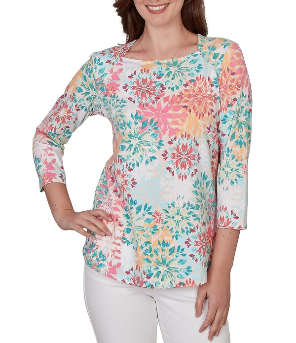 ルビーアールディー レディース トップス Tシャツ フラワー柄 プチ フラワー Ruby Rd. Petite Size Medallion Floral Envelope Neck 3/4 Sleeve Top Cotton Candy Multi マルチカラー|ReVida 店
