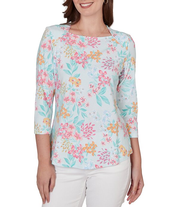 ルビーアールディー レディース トップス Tシャツ フラワー柄 プチ ニット フラワー Ruby Rd. Petite Size Allover Floral Envelope Neck 3/4 Sleeve Knitop Sea Glass Multi マルチカラー|ReVida 店