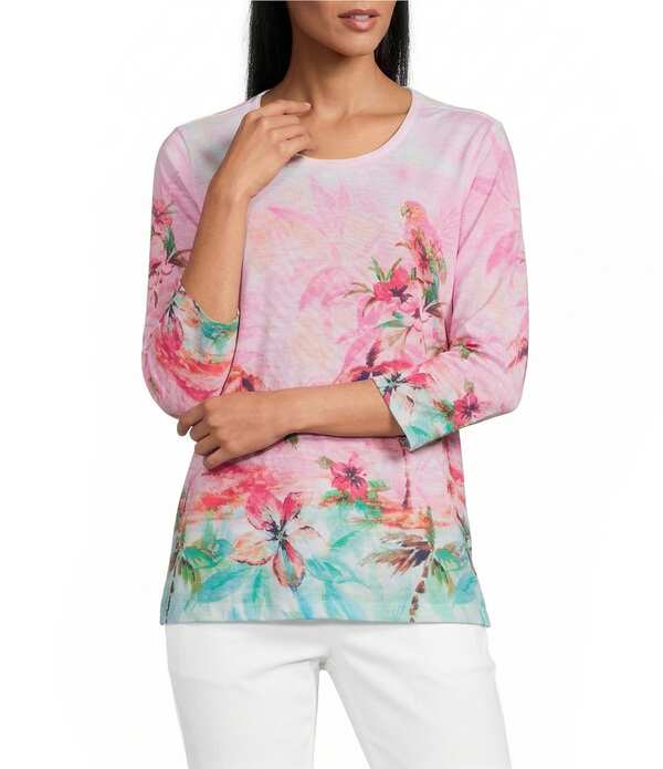 アリソン デイリー レディース トップス Tシャツ クルーネック プチ プリント ニット Allison Daley Petite Size Tropical Notions Print 3/4 Sleeve Crew Necknitopink Tropical Notions ピンク｜ReVida 店