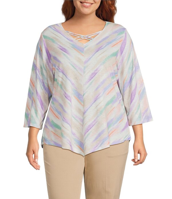 アリソン デイリー レディース トップス ティーシャツ Vのど首 つけ加える大きさ 編み物 Allison Daley Plusize Multi Brush Stripe 3/4 Sleeve Crisscross V-Necknitop Multi Brush Stripe マルチ色つや