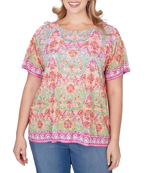 ルビーアールディー レディース トップス Tシャツ フラワー柄 プラスサイズ ニット フラワー Ruby Rd. Plusize Damask Floral Scoop Neck Short Sleeve Knitee Top Fuchsia Multi フューシャ｜ReVida 店