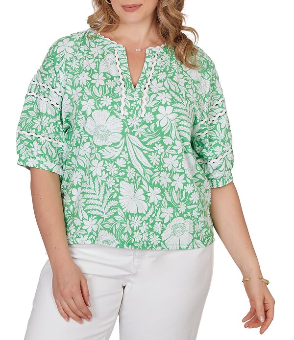 ルビーアールディー レディース トップス Tシャツ Vネック フラワー柄 プラスサイズ フラワー Ruby Rd. Plusize Tropical Floral Split V-Neck Elbow Sleeve Top Springreen Multi グリーン｜ReVida 店