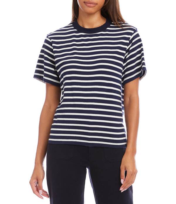 カレンケーン レディース トップス プルオーバー 労働者の一団のど首 プチ Karen Kane Petite Size Stripe Crew Neck Short Sleeve Tee Navy/White 白いこと