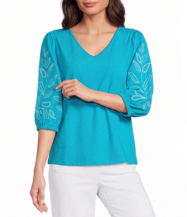 インベストメンツ レディース トップス Tシャツ Vネック プチ ニット Investments Petite Sizelbow Sleevembroidery V-Necknitop Bluebird｜ReVida 店