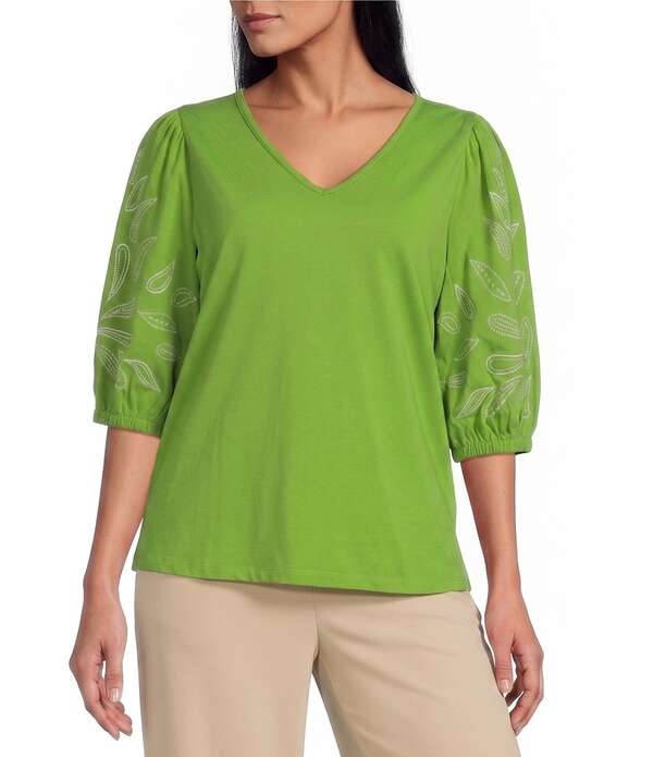 インベストメンツ レディース トップス Tシャツ Vネック プチ ニット Investments Petite Sizelbow Sleevembroidery V-Necknitop Spindle Tree|ReVida 店