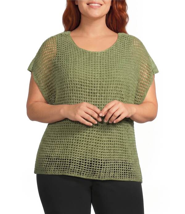 インベストメンツ レディース トップス プルオーバー 労働者の一団のど首 足し加える大きさ Investments Plusize Short Sleeve Crew Neck Open Stitch Top Olivine