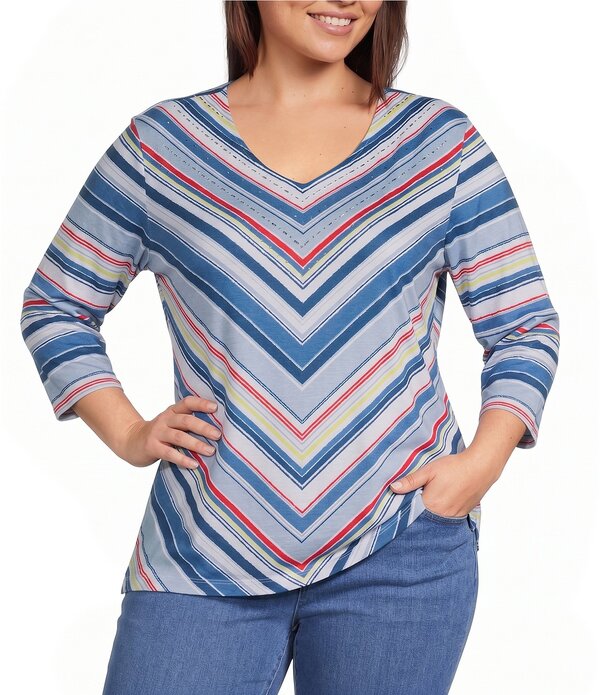 アリソン デイリー レディース トップス Tシャツ Vネック プラスサイズ ニット Allison Daley Plusize Miter Stripe 3/4 Sleeve V-Necknitop Multi Miter Stripe マルチカラー|ReVida 店