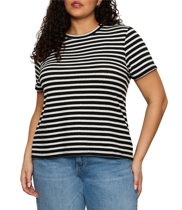 サンクチュアリー レディース トップス Tシャツ クルーネック プラスサイズ プリント Sanctuary Plusize Perfectextured Striped Print Crew Neck Short Sleeve Tee Black/Chalk Stripe チョーク|ReVida 店