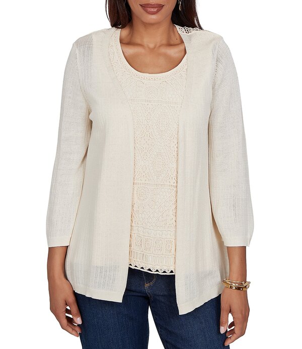 ルビーアールディー レディース トップス プルオーバー プチ ジレー スピード競技 編み物 Ruby Rd. Petite Size Mixed Knit 3/4 Sleeve Crochet Lace Open-Front Coordinating Cardiganatural