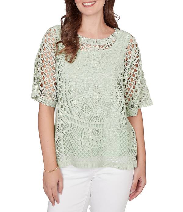 ルビーアールディー レディース トップス プルオーバー プチ スピード競技 編み物 Ruby Rd. Petite Size Lace Layered Tonal Tank Open-Worknitop Aloe