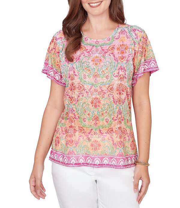 ルビーアールディー レディース トップス Tシャツ フラワー柄 プチ ニット フラワー Ruby Rd. Petite Size Damask Floral Scoop Neck Short Sleeve Knitee Top Fuchsia Multi フューシャ|ReVida 店