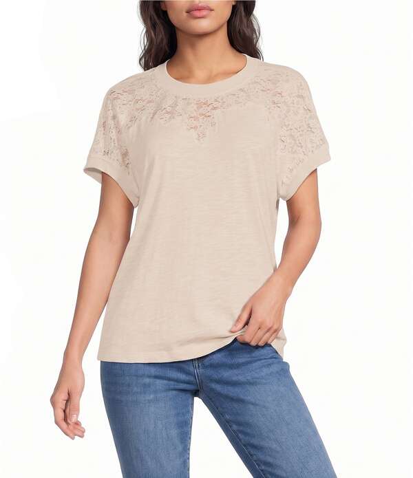 デモクラシー レディース トップス シャツ プチ レース Democracy Petite Size Mixed Media Scoop Neck Short Sleeve Lace Top Soft Linen｜ReVida 店