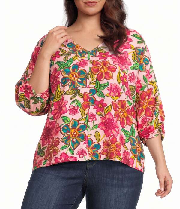 民権主義 レディース トップス プルオーバー Vのど首 御花柄 足し加える大きさ 御花 Democracy Plusize Woven Floral V-Neck 3/4 Kimono Sleeve Shirttail Hem Top Flamingo Pink Multi サクラ色