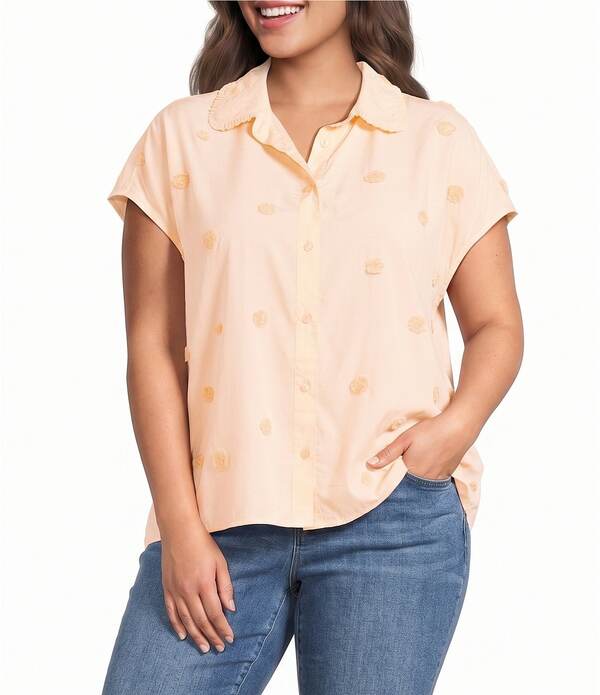 民権主義 レディース トップス プルオーバー 足し加える大きさ フラウンス Democracy Plusize Texturedot Ruffle Point Collar Short Sleeve Woven Topeach Puree 桃